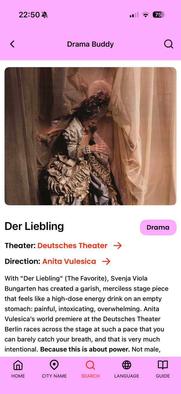 App screen: the page for “Der Liebling” at the Deutsches Theater, with the director and the genre