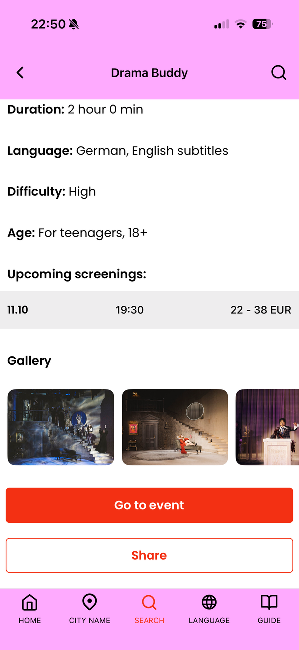 App screen: performance details – duration, language, difficulty, age rating, upcoming screenings with prices and a photo gallery