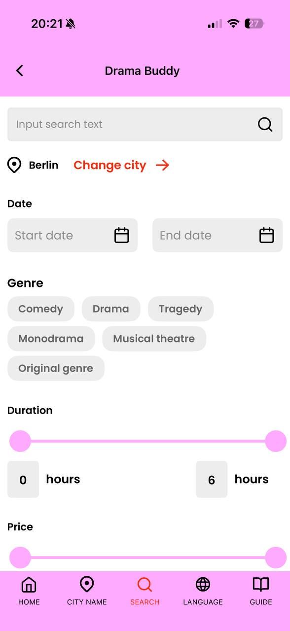 App screen: search and filters – city, dates, genre, duration and price